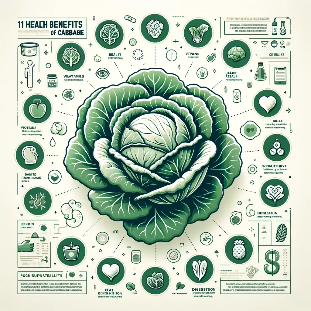 '신이 주신 선물' 양배추의 효능 11가지 1 DALL·E 2024 04 04 17.50.14 A creative and simple infographic showcasing 11 Health Benefits of Cabbage. The image should feature a large central cabbage illustration. Around t 1