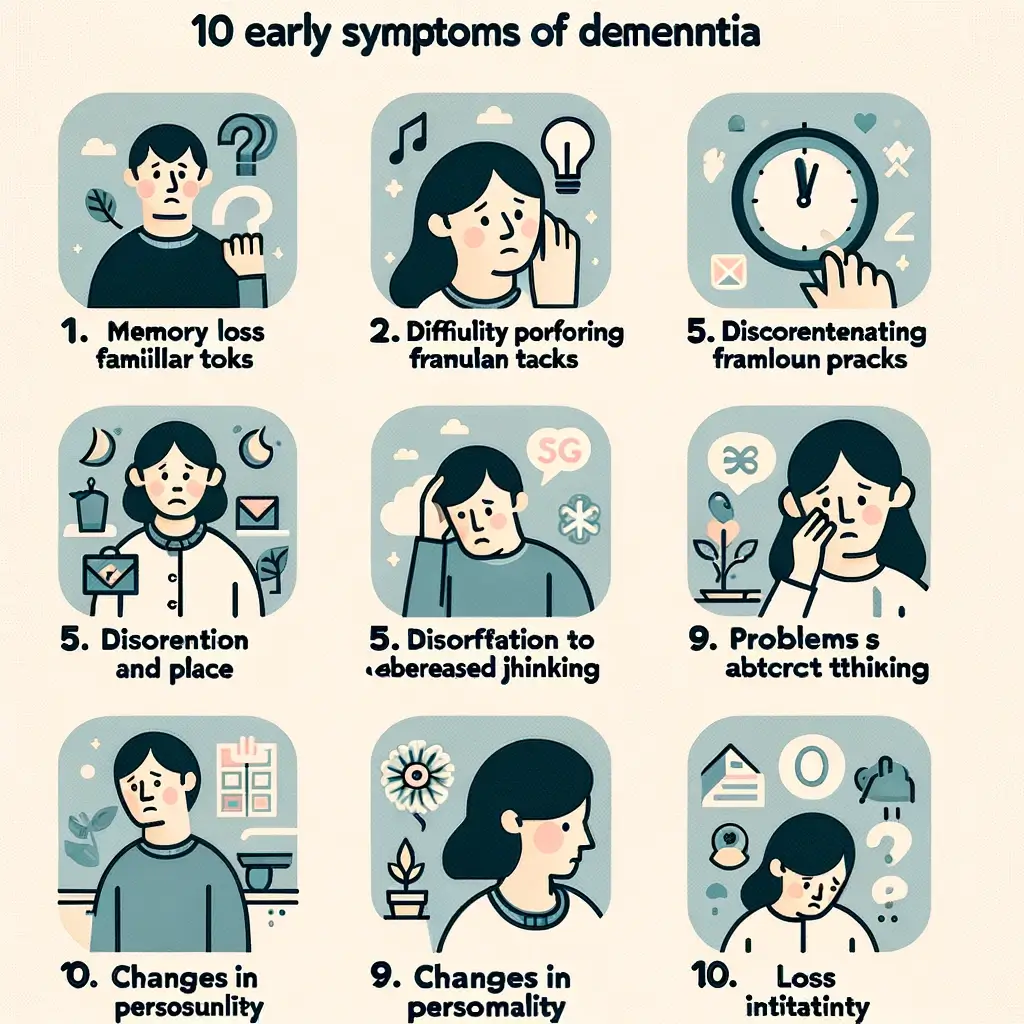 DALL·E 2024 04 09 16.16.36 A simple and informative illustration showing 10 Early Symptoms of Dementia. The design includes 10 numbered icons each representing a different sy 1
