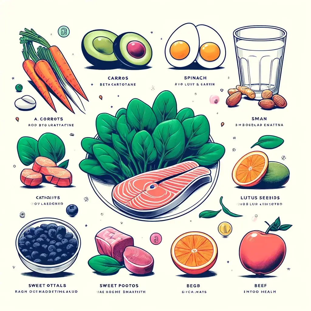 눈 건강에 좋은 음식 10가지 1 DALL·E 2024 04 09 17.07.51 A simple and clean illustration showcasing ten foods beneficial for eye health. The image should feature the following foods 1. Carrots rich in beta 1 1 1