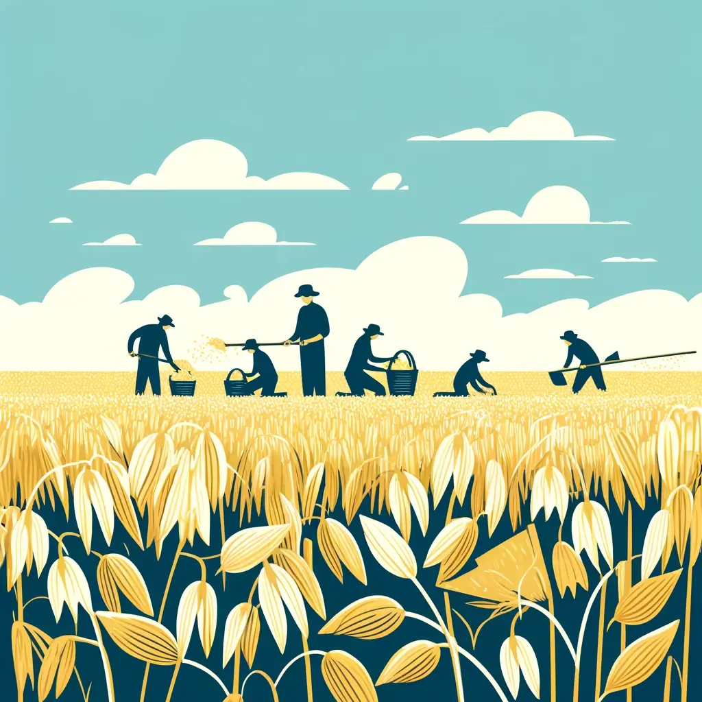 귀리는 베타글루칸의 보고 '지방 청소부'! 귀리의 효능 10가지 1 DALL·E 2024 04 12 22.45.35 A simple and clean illustration depicting an abundant oat harvest. The scene shows a vast field filled with golden oat plants under a bright blue sky