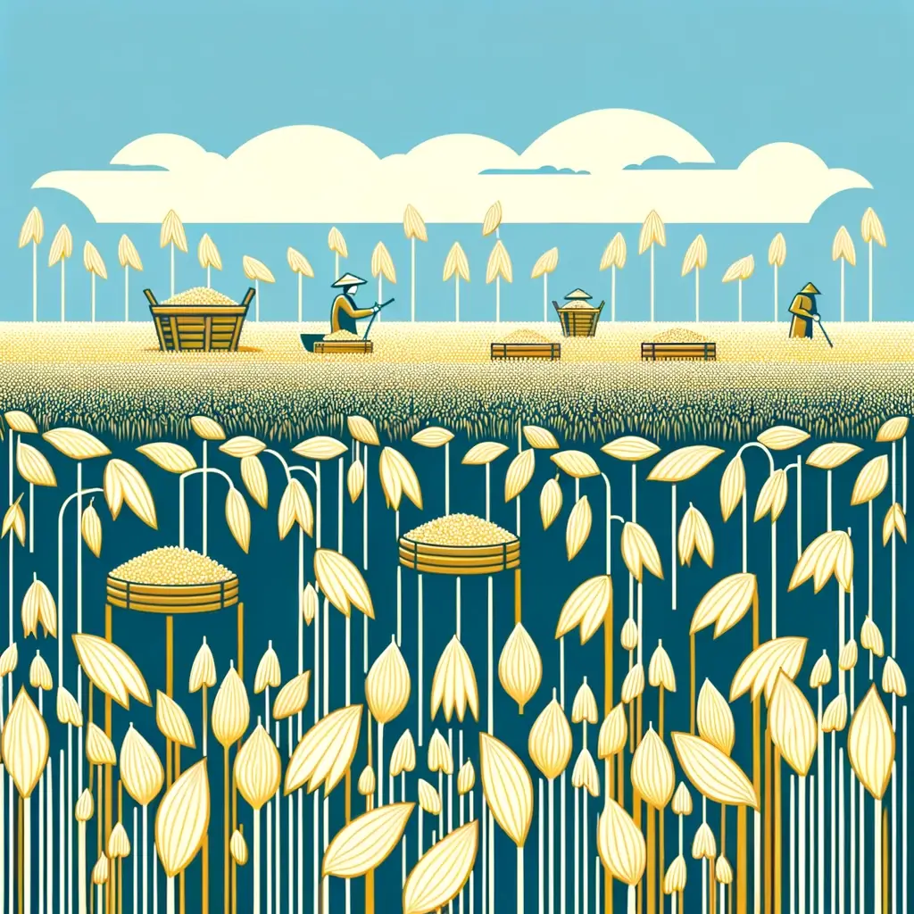 귀리는 베타글루칸의 보고 '지방 청소부'! 귀리의 효능 10가지 2 DALL·E 2024 04 12 22.46.42 A simple and clean illustration depicting an abundant oat harvest. The scene shows a vast field filled with golden oat plants under a bright blue sky