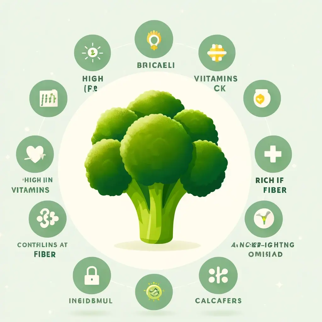 '채소의 왕' 브로콜리의 효능,효과 10가지 1 DALL·E 2024 04 15 17.51.44 A simple and informative image illustrating the health benefits of broccoli. The image should feature a vibrant green broccoli floret in the center s