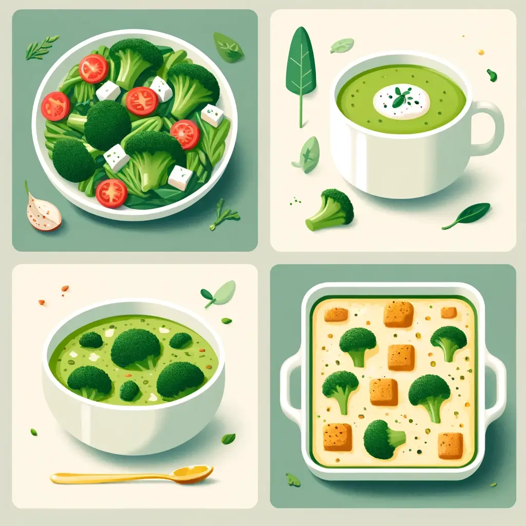 '채소의 왕' 브로콜리의 효능,효과 10가지 2 DALL·E 2024 04 15 17.52.05 Four simple and clean images of dishes featuring broccoli. Image 1 Broccoli salad with cherry tomatoes feta cheese and a light dressing. Image 2 S