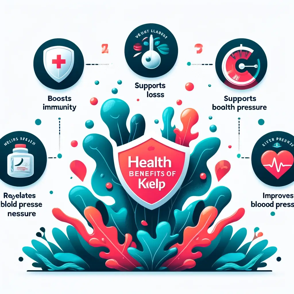 다시마의 효능,효과 10가지 1 DALL·E 2024 04 15 18.21.59 An infographic style image depicting the health benefits of kelp. It includes icons and text for the following benefits 1. Boosts immunity with an i