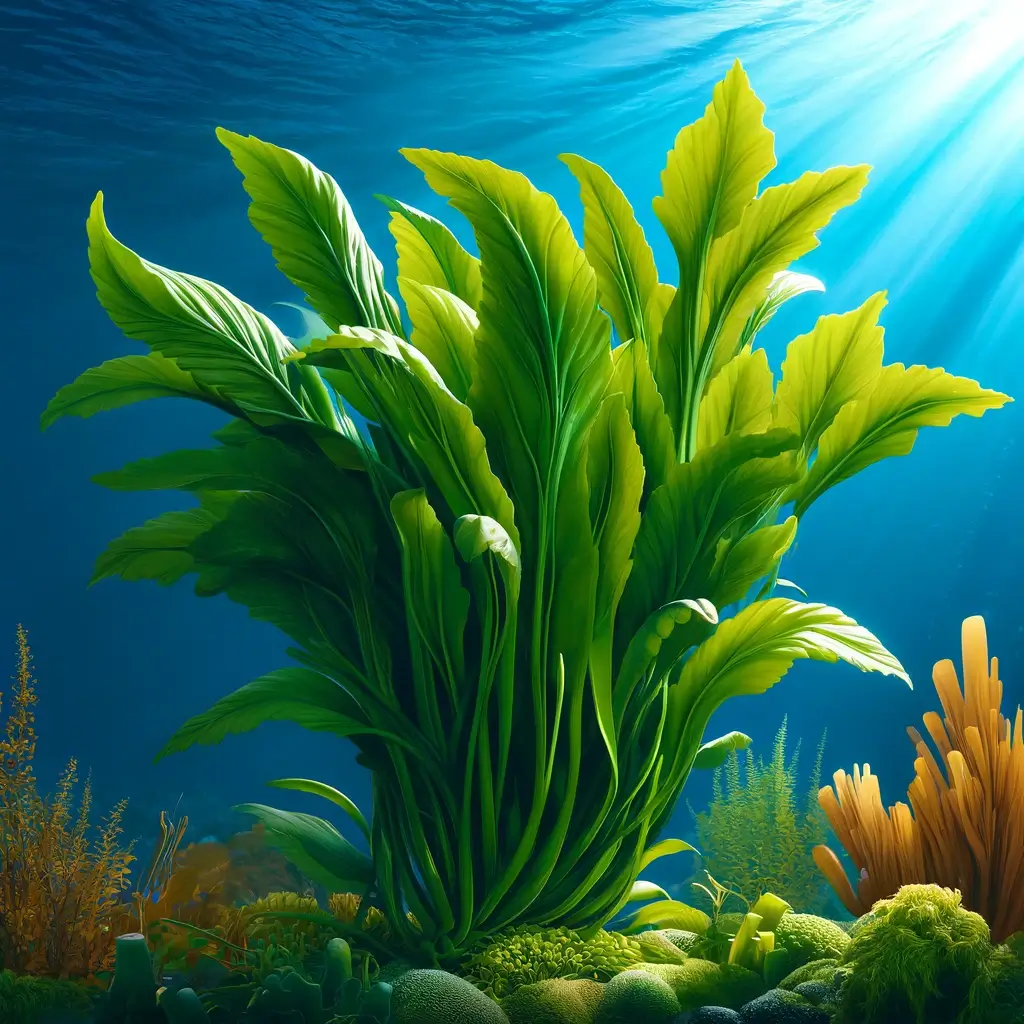 다시마의 효능,효과 10가지 2 DALL·E 2024 04 15 18.22.33 A vibrant and healthy looking kelp dasiima in a natural underwater setting. The kelp is depicted with a lush green color thick leaves and a realis
