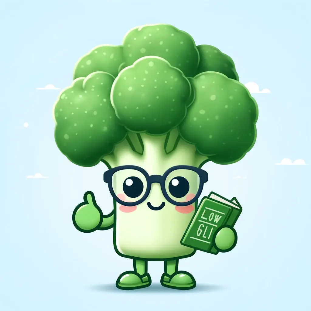 유방암 환자가 피해야할 음식 10가지 1 DALL·E 2024 04 15 19.19.29 A cute and simple character representation of low glycemic index GI foods. The character is a smiling broccoli wearing glasses and holding a book ab