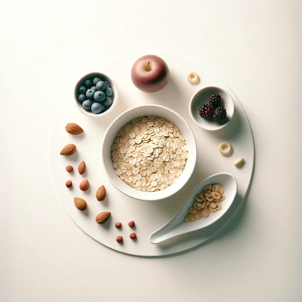 혈당지수 GI지수가 낮은 식품 10가지 2 DALL·E 2024 04 15 19.21.52 A simple and elegant representation of low glycemic index GI foods. The image includes just a few key items a bowl of oats a handful of nuts and