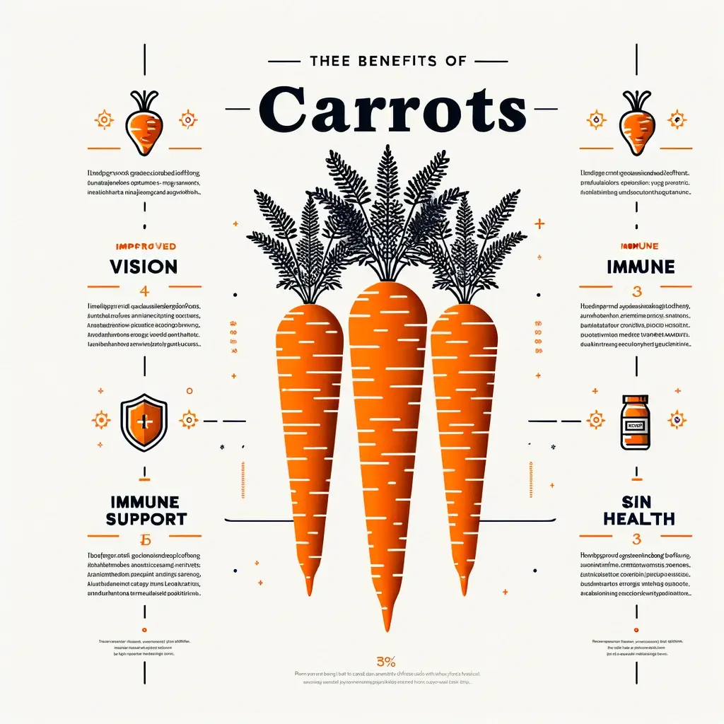 당근의 효능 효과 10가지, 베타카로틴의 보고 1 DALL·E 2024 04 15 20.47.15 An ultra simple infographic highlighting the benefits of carrots. The design should be extremely minimalist featuring only essential elements. Includ
