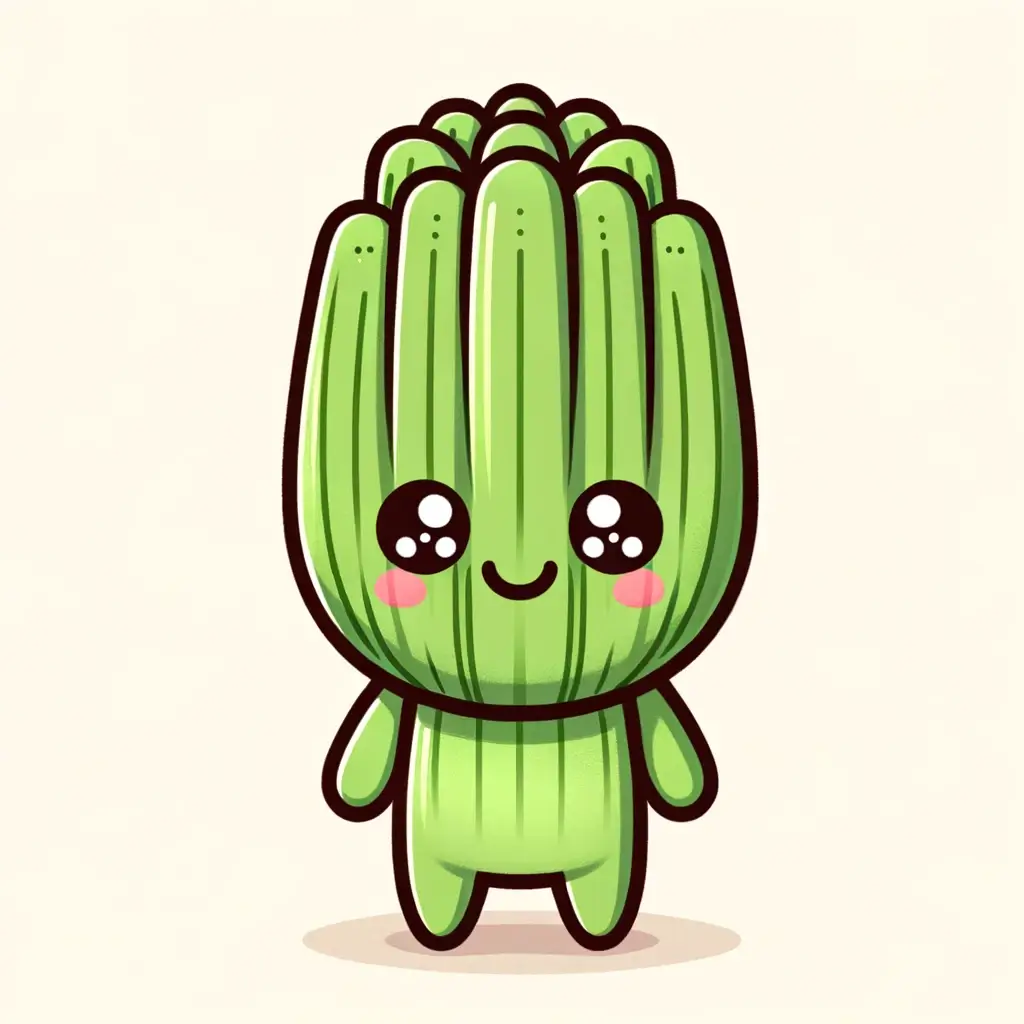 봄이 주는 특별한 선물, 두릅의 효능 10가지 1 DALL·E 2024 04 25 23.00.15 A cute characterization of dureup Korean angelica shoots with a cartoonish simple design. The dureup is anthropomorphized with big expressive eyes