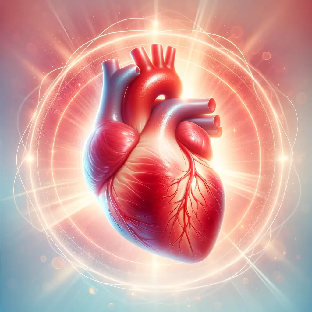 혈관 건강에 좋은 음식 10가지 2 DALL·E 2024 04 25 23.30.27 An uplifting and inspirational illustration showing a strong vibrant heart glowing with health surrounded by a halo of light. The heart is depicted