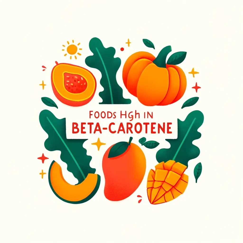 베타카로틴이 풍부한 음식 BEST 15 2 DALL·E 2024 04 28 01.43.13 A charming and simple title image depicting foods high in beta carotene. This design includes illustrations of pumpkins mangoes and kale styled in