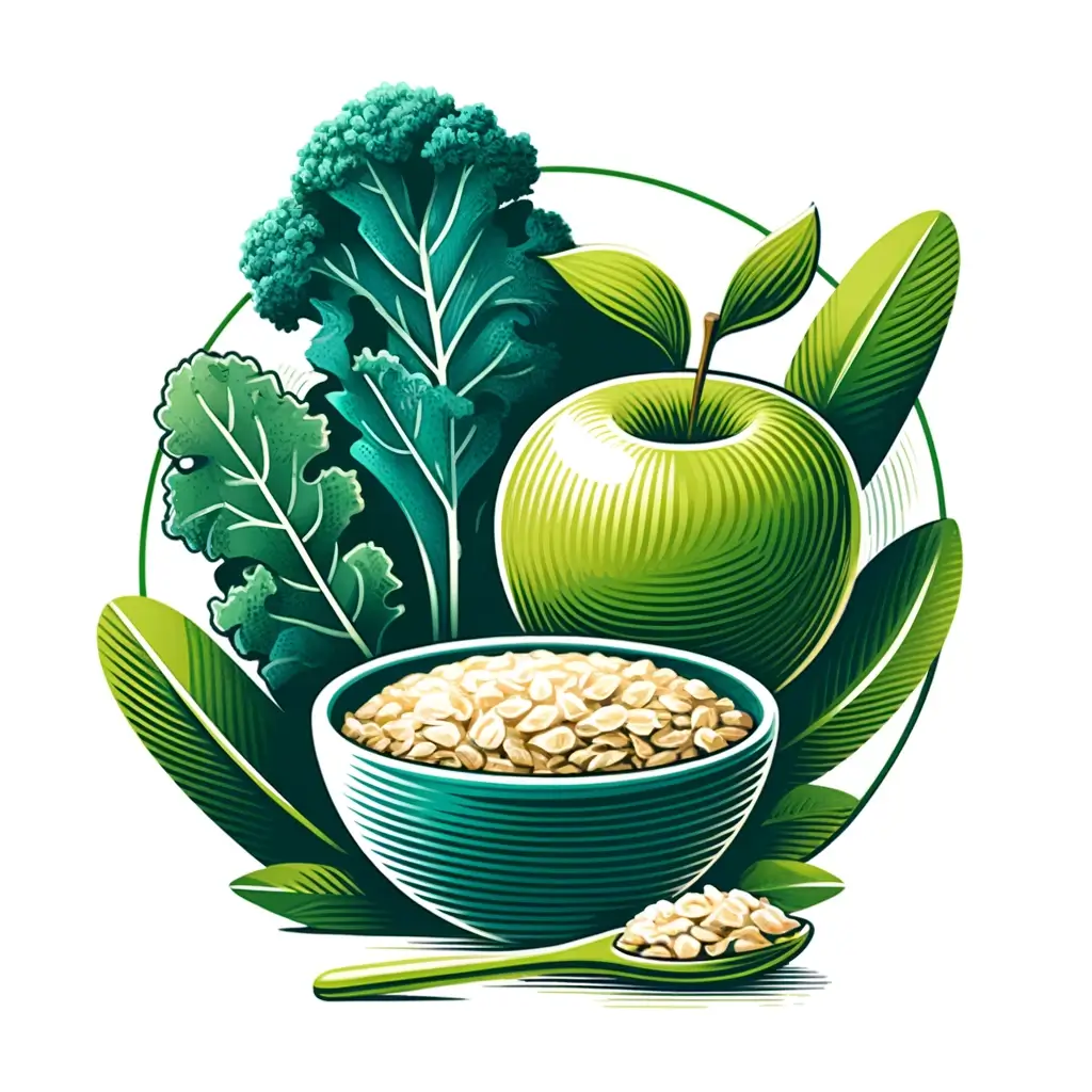 수용성 식이섬유 베타글루칸이 풍부한 음식 BEST 15 2 DALL·E 2024 04 30 02.25.01 A health focused simple design featuring foods rich in beta glucans. The image shows a stylized composition of a green apple a bowl of whole grain o