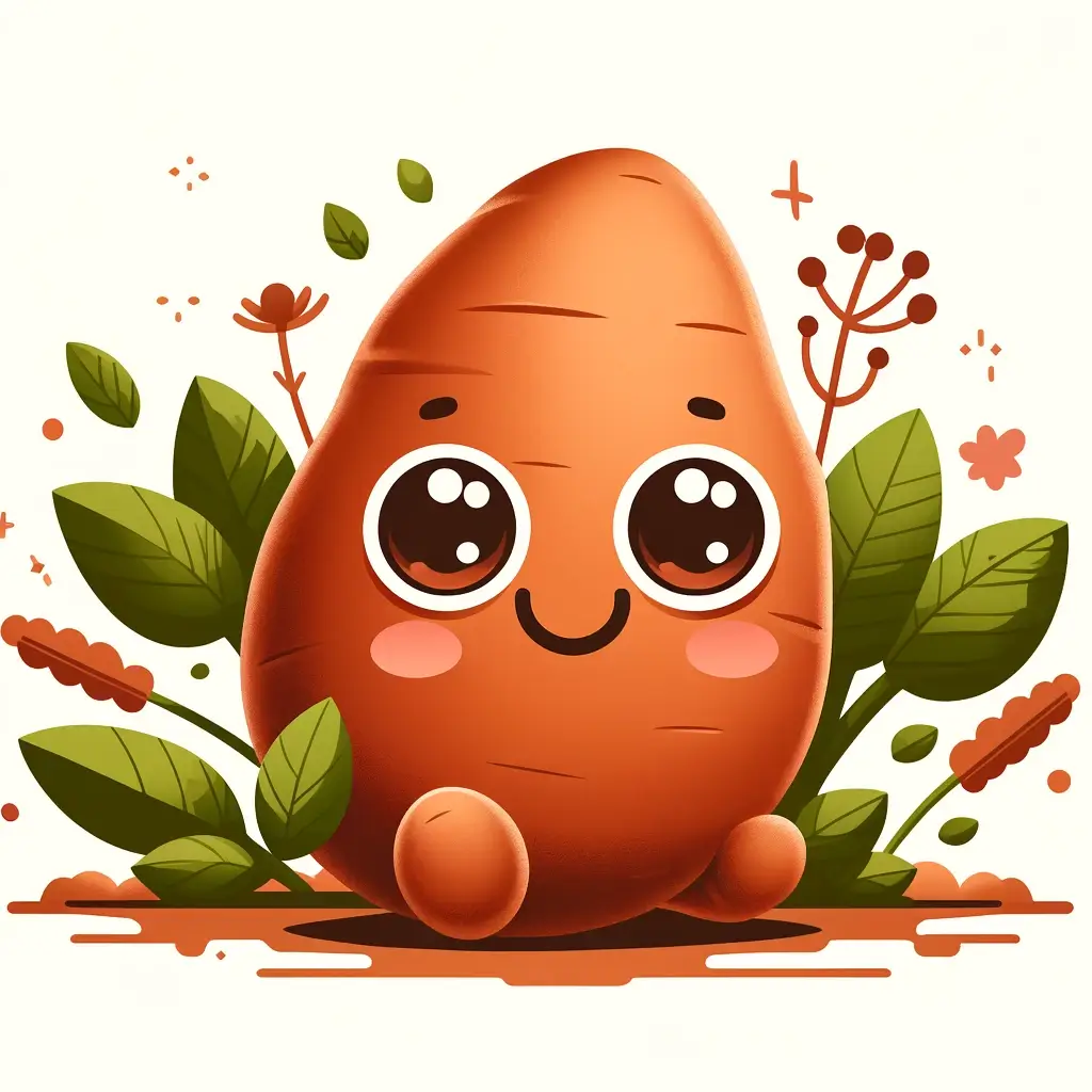 알고 먹으면 더 맛있는 고구마의 효능 10가지 2 DALL·E 2024 05 01 06.19.31 A cute characterization of a sweet potato with human like features. The sweet potato is illustrated with big expressive eyes and a cheerful smile gi