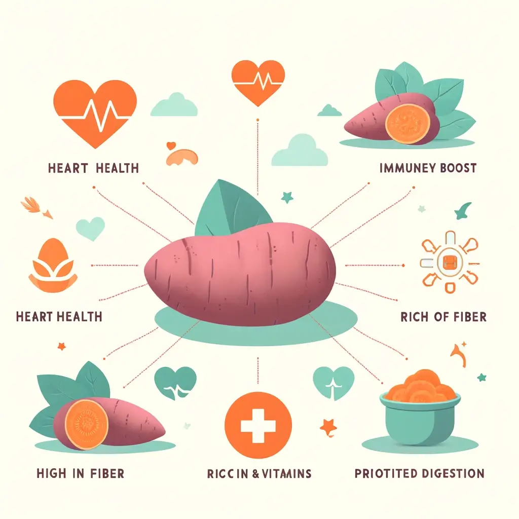 알고 먹으면 더 맛있는 고구마의 효능 10가지 1 DALL·E 2024 05 01 06.20.24 A simple and clean infographic style illustration showing various health benefits of sweet potatoes. The image should feature icons representing diffe