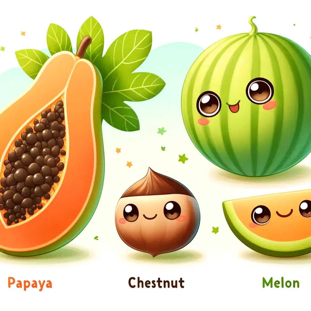 소화가 잘 되는 음식 BEST10 1 DALL·E 2024 05 05 01.58.14 A delightful illustration featuring three types of fruits papaya chestnut and melon. Each fruit is personified with endearing smiling faces to cre