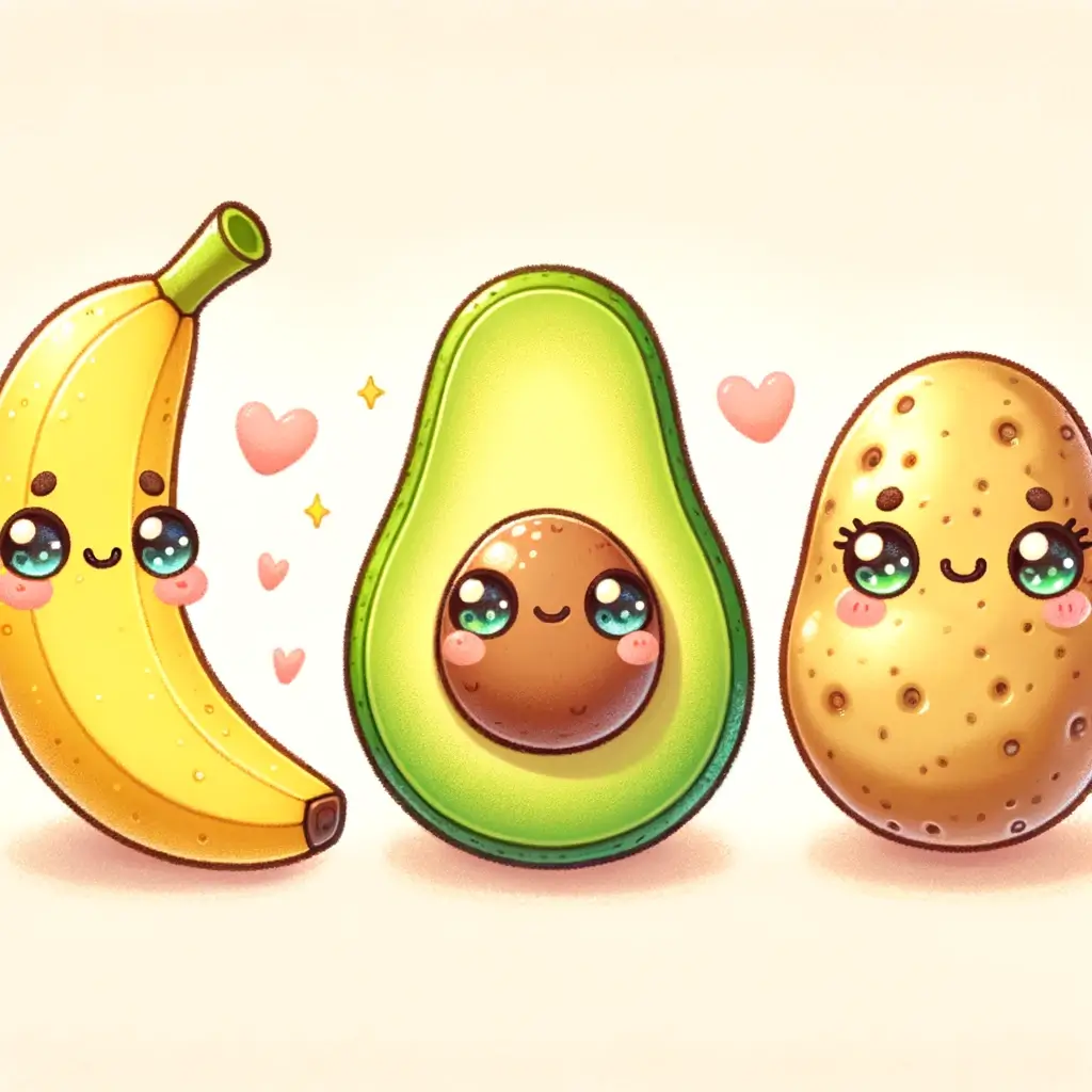 소화가 잘 되는 음식 BEST10 2 DALL·E 2024 05 05 01.58.18 A cute illustration featuring three easily digestible foods bananas avocados and potatoes. Each food item is personified with playful smiling face