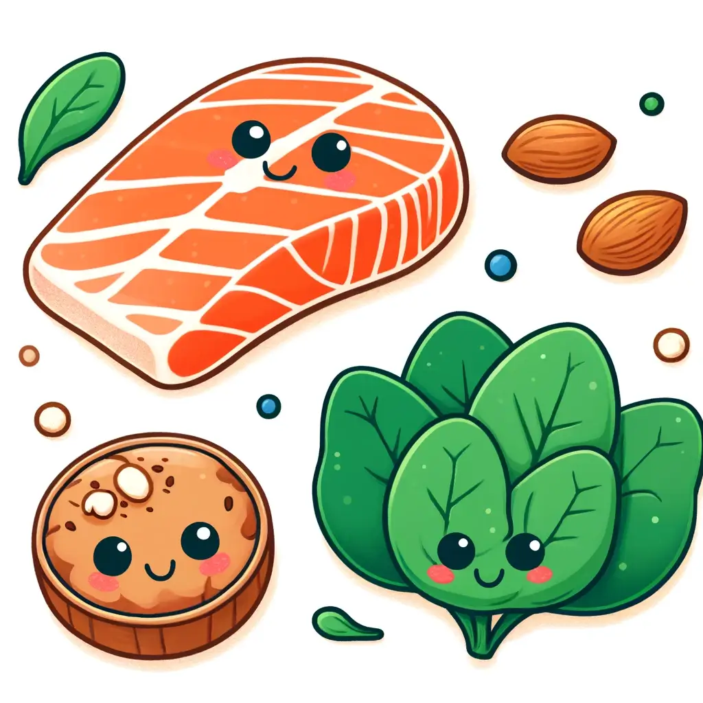 '천연수면제' 트립토판이 풍부한 음식 10가지 2 DALL·E 2024 05 05 02.41.21 A charming and simple illustration showcasing foods rich in tryptophan. The image features a cute cartoon style salmon fillet nuts and spinach eac