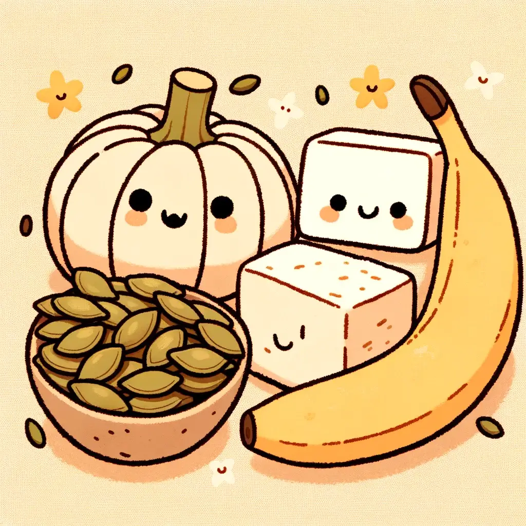 '천연수면제' 트립토판이 풍부한 음식 10가지 1 DALL·E 2024 05 05 02.41.54 A delightful and simple illustration featuring foods rich in tryptophan. This image includes a cute cartoon style depiction of pumpkin seeds tofu a