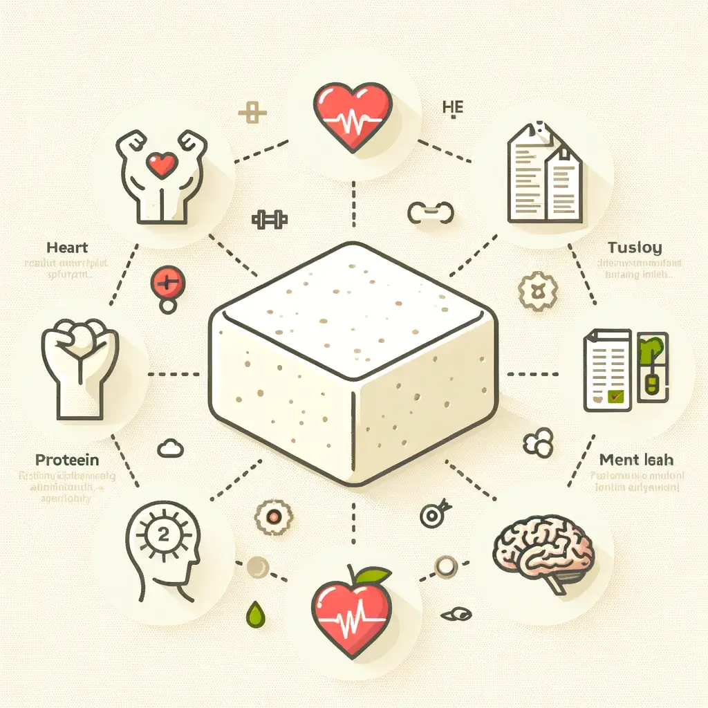 고단백 저칼로리 식품, 두부의 효능 10가지 1 DALL·E 2024 05 06 07.02.58 A creative and simple infographic illustrating the health benefits of tofu. The design should include icons or illustrations of tofu along with symbol