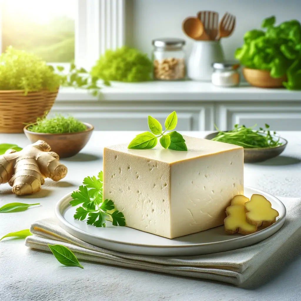 고단백 저칼로리 식품, 두부의 효능 10가지 2 DALL·E 2024 05 06 07.03.30 A vibrant and healthy looking block of tofu on a clean white plate surrounded by fresh green herbs and slices of ginger. The tofu should appear fresh